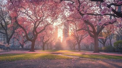 Naklejka premium Serene spring morning in a park with blooming cherry blossom trees and soft sunlight illuminating the scene