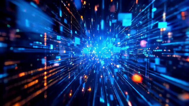 Big data information flow represented by digital grid space and glowing connections