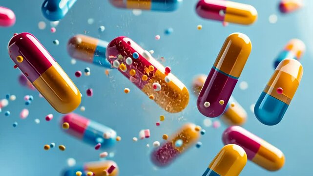 Spinning and falling medicine pills in motion