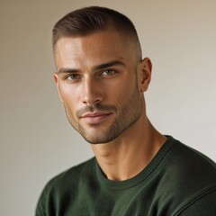 Fototapeta premium Close-up Portrait of a Handsome Male with Short Hair and Green Sweater in a Calm Studio Environment