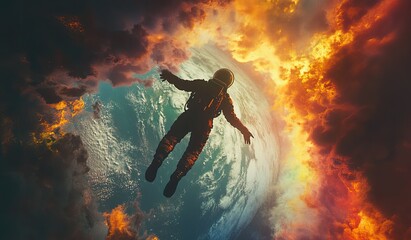 Naklejka premium Astronaut adrift in fiery clouds near Earth