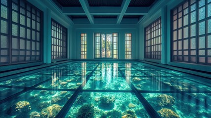 A temple house with a glass floor revealing underwater life