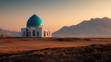 Serene Landscape with Blue Dome Mosque Surrounded by Mountains at Dawn