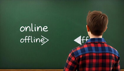 Teenager Deciding Between Online and Offline Activities Back View Chalkboard Choice