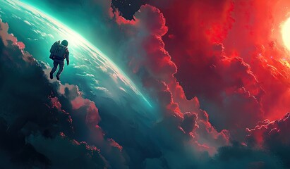 Astronaut floats above Earth, alien clouds, fiery sun