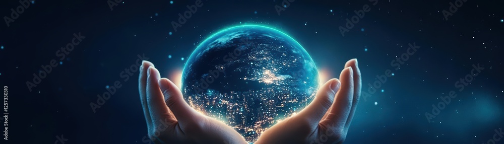 Aufkleber hand holding a glowing earth globe with bright light emanating from it in a dark background