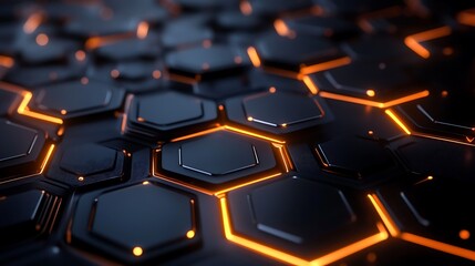 Abstract Hexagon Pattern: Glowing Orange Lines on Dark Metallic Surface