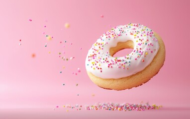 A delicate sugar cookie with glossy icing spinning in motion with sprinkles flying, pastel pink background