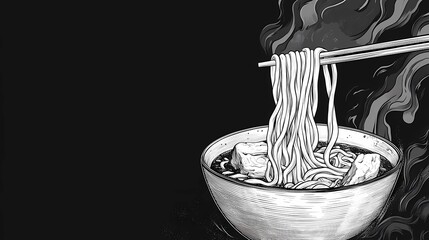 Detailed ramen illustration with eggs, seaweed, and broth, perfect for restaurant advertisements, menu layouts, and digital marketing, retro comic book style