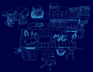 A computer desk with a chair and a bookcase. The desk is cluttered with various items such as books, a keyboard, a mouse, and a laptop. The chair is positioned in front of the desk