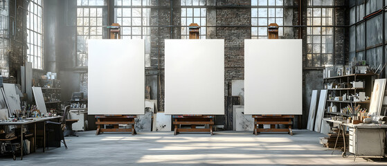 Fototapeta na wymiar 3D Illustration - Art Studio Scene with Blank Canvases, Brick Wall, and Art Supplies