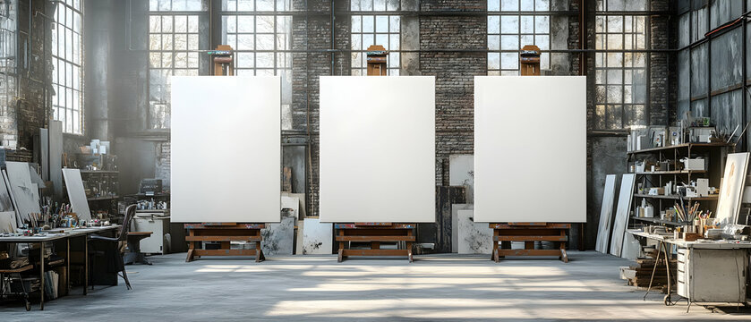 3D Illustration - Art Studio Scene with Blank Canvases, Brick Wall, and Art Supplies