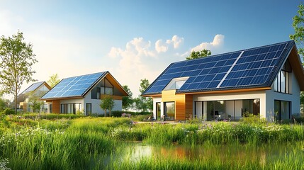 Eco-Friendly Homes with Solar Panels in a Serene Landscape