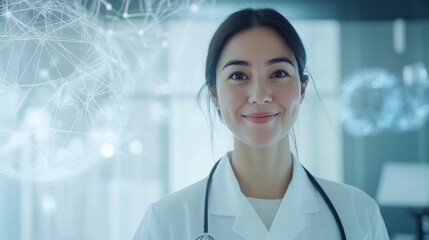 Female doctor smiling warmly with advanced ai medical tools in modern hospital high-tech environment optimistic viewpoint on healthcare innovation