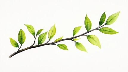 Obraz premium A delicate watercolor illustration of a green branch with vibrant leaves on a white background