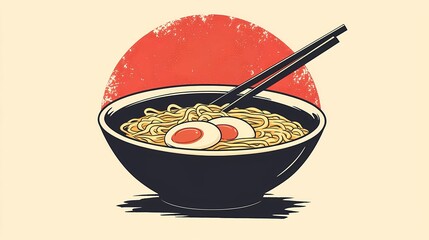 Illustrated ramen with chopsticks lifting noodles, highlighting Japanese cuisine for food-related projects, menus, and restaurant marketing, expressive pen drawing style