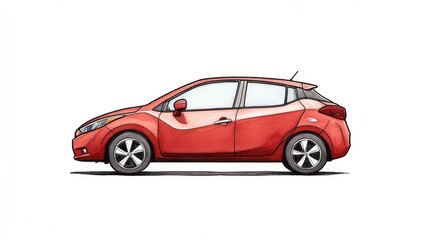 Obraz premium Side view of a vibrant red hatchback car parked on a minimalist background, showcasing its sleek design