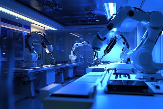 An advanced manufacturing facility with synchronized robotic arms assembling high-tech devices