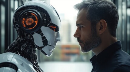 Fototapeta premium The face of a businessman and a robot opposite each other look into the eyes. Modern technologies, robot versus human, artificial intelligence, neural networks. 3D render, 3D illustration