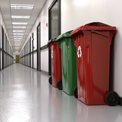 Colorful Recycling Bins in a Modern Hallway with Bright Lighting and Clean Floors
