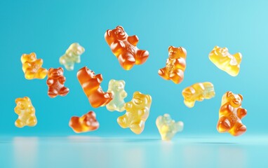 A group of gummy bears tumbling in the air with playful movement and bright reflections, pastel cyan background