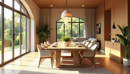 Modern Light Wood Dining Room Interior Design with Large Windows and Stylish Lighting