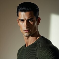 Fototapeta premium Confident Young Man with Dark Hair in Green Sweater Posing for Portrait in Natural Light