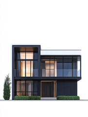 Modern Architectural Marvel: A stunning, minimalist architectural rendering of a contemporary house, showcasing clean lines, expansive glass, and a harmonious blend of form and function. 