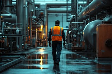 Fototapeta premium Industrial Worker Walking Through a Refinery at Night