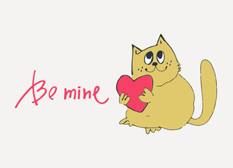 Card with hand drawn cat like a sketch. Vector element for greeting card, social media post. Love, Romance, Valentines Day concept