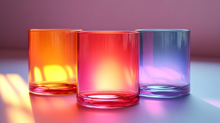 3D Illustration Colorful Glass Trio Vibrant Hues Light Play