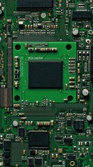 Green circuit board close-up; central processor; technology background; electronic components; tech industry