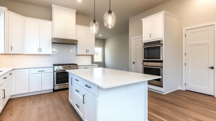 Modern kitchen interior featuring white cabinetry, stainless steel appliances, and natural lighting