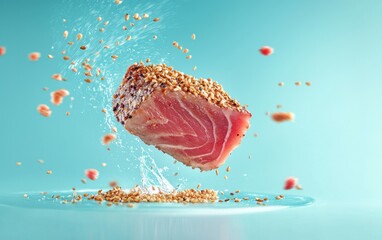 A perfectly seared tuna steak flipping dynamically with sesame seeds scattering, pastel cyan background