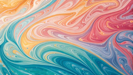 Obraz premium An abstract swirl of pastel colors, predominantly pink, orange, yellow, and teal, resembling a fluid or marbled texture