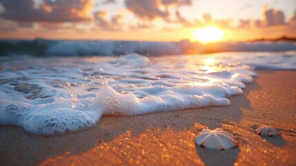 Serene sunset over a sandy beach with gentle waves, seashells scattered, and vibrant clouds