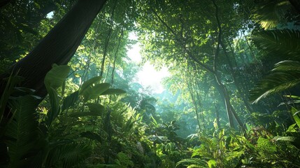 Fototapeta premium Sunlight Filtering Through Lush Tropical Forest