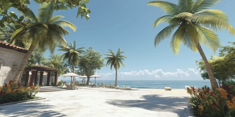 Tranquil tropical beachside resort with palm trees and lounge chairs.