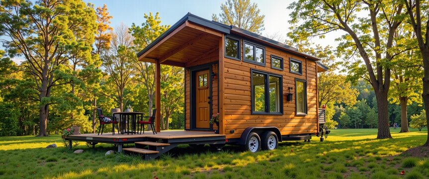 Charming tiny house on wheels surrounded by lush greenery in a serene outdoor setting