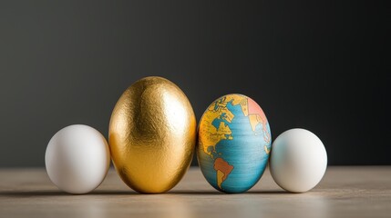 A captivating composition of diverse global assets including a gold egg and a detailed world globe symbolizing the vast potential for transformation innovation