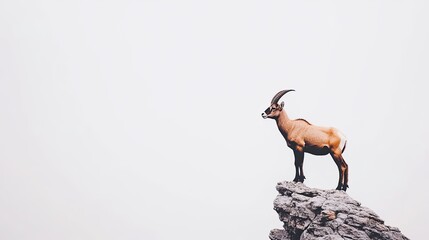 Mountain goat standing majestically on a rocky cliff against a foggy background