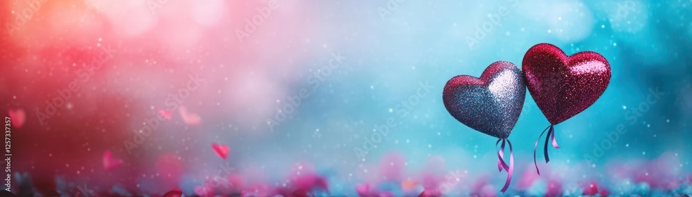 Poster two hearts floating in the air against a clear blue sky background with soft white clouds