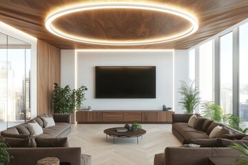 Fototapeta premium Modern office lounge with city view, large screen, and wooden accents