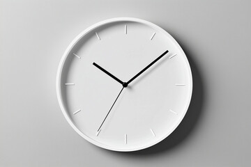 A modern white wall clock with black hands and a simple design, featuring a clean aesthetic and minimalistic style for home decor.  
