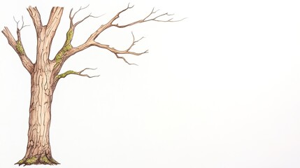 Obraz premium Detailed illustration of a bare tree with intricate bark and moss, set against a plain background