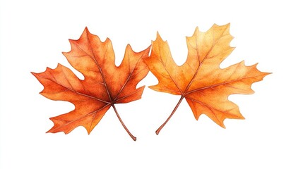 Fototapeta premium Two vibrant orange maple leaves arranged symmetrically on a white background, showcasing autumn beauty