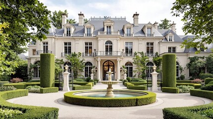 Fototapeta premium Elegant french chateau with manicured gardens and fountain