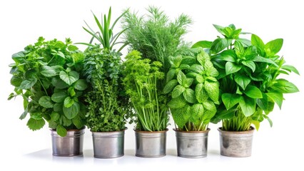 Naklejka premium Fresh Green Herbs Vertical Display - Basil, Mint, Cilantro, Parsley, Dill, Thyme Isolated on White Background for Culinary and Gardening Inspiration