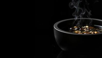 Steaming bowl of assorted nuts on black background