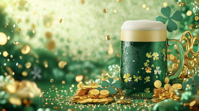 Festive background for st patrick's day with mug of green beer and ale with festive decor, gold coins, leprechaun hat, glasses, horseshoe for luck, confetti, beads.